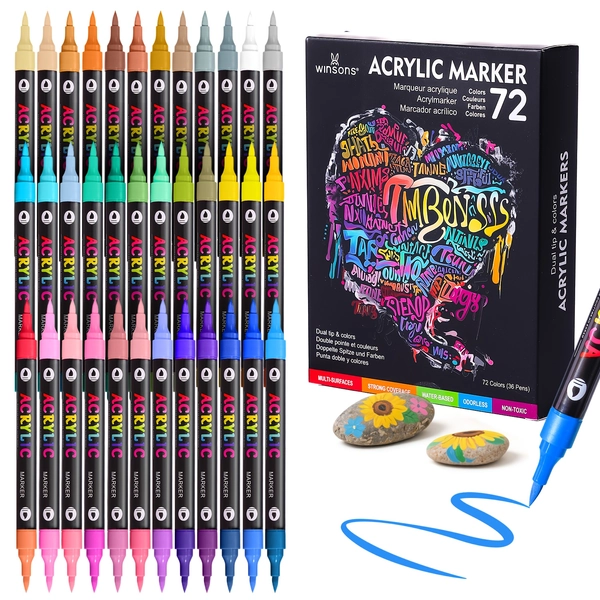 Winsons Dual-Tip Dual-Shade Acrylic Markers (24/48/72 Colors) | Quick-Dry & Waterproof for Journal Doodling, Rock Painting, Decor & Creative Hand-Drawing