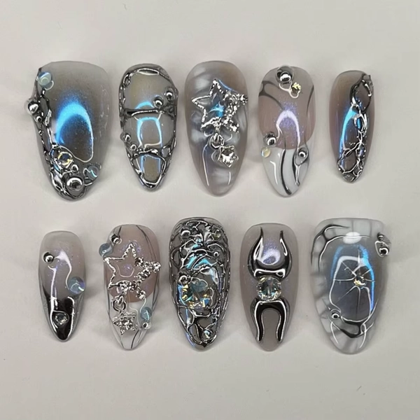 3D Flame Silver Lines Metal Bead Rhinestone Stars French Nail Art Chic False Nails Detachable Finished Fake Nails Press on Nails - AliExpress 