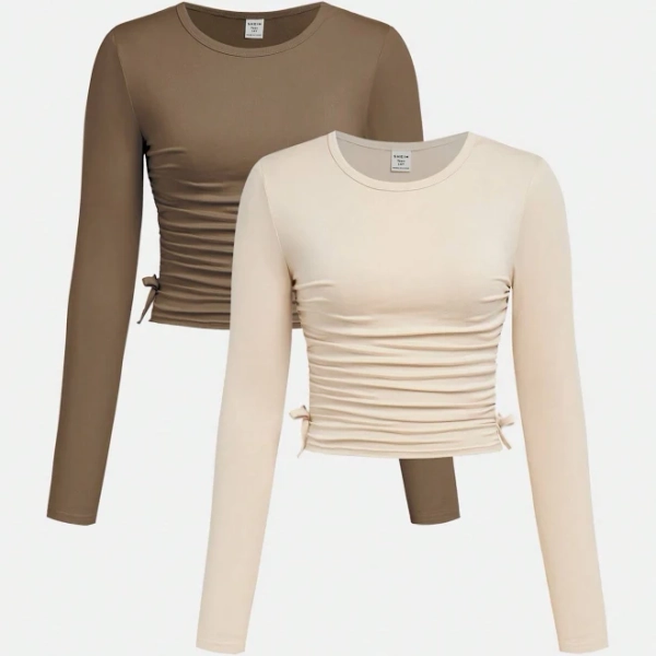 SHEIN Teenage Girls' Ruched Long Sleeve Slim Fit T-Shirt Set