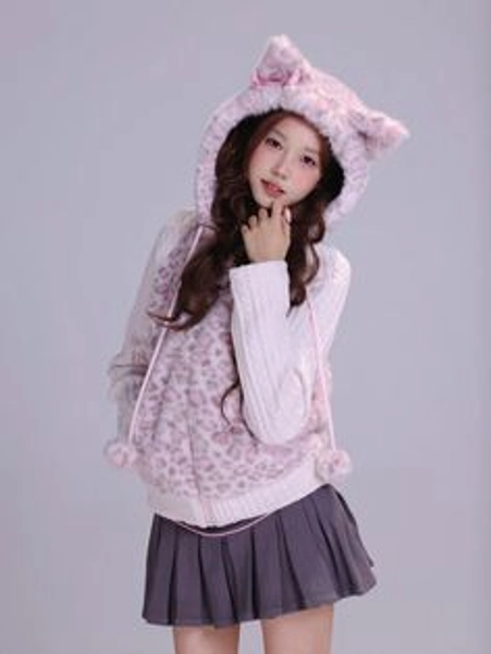 Kitty Pink Leopard Faux Fur Knit Hoodie