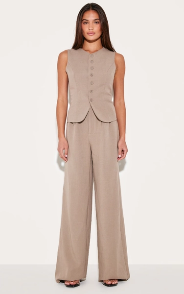 PrettyLittleThing Taupe Tailored Tie Detail Woven Wide Leg Pants