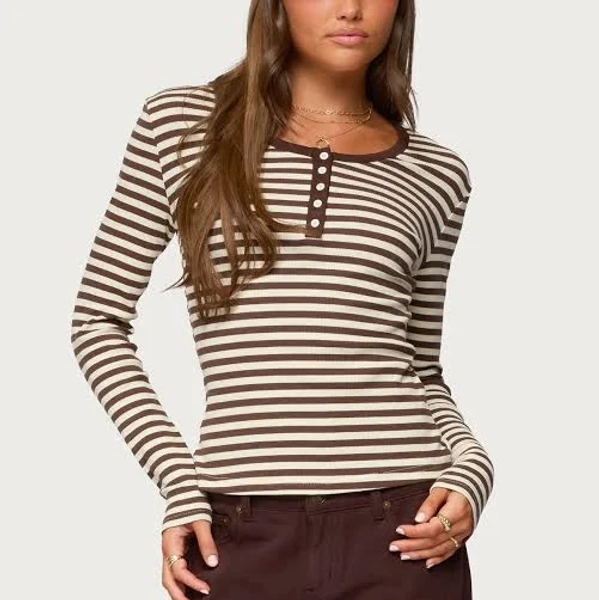 Edikted Women's Roma Striped Henley Top in Brown - Size XL