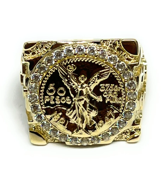 10k Solid Gold MEXICAN CENNTENARIO 50 COIN NUGGET CZ Ring (8g~)