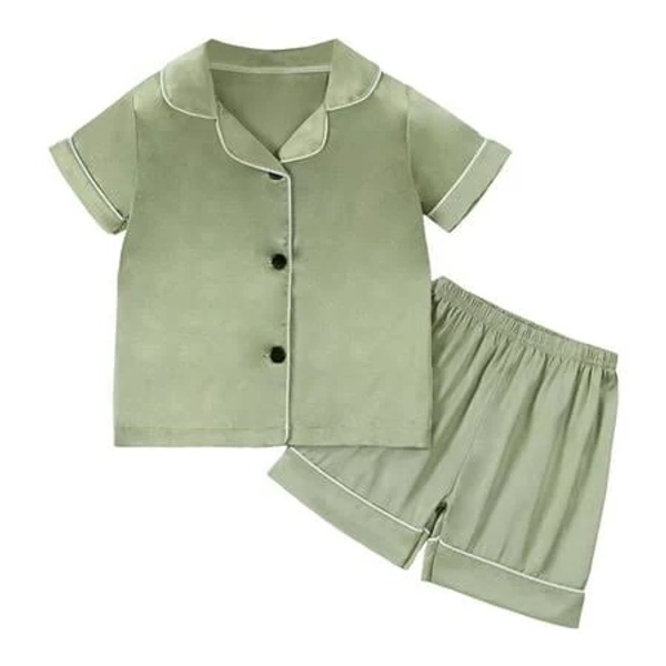 WENWU Girls Silk Pajamas Set Classic Light Green Pajama Set Button Down Solid Tops T Shirt Set Silk Pajamas Outfits Kids Boy Pajamas 3-4 Years, Kids