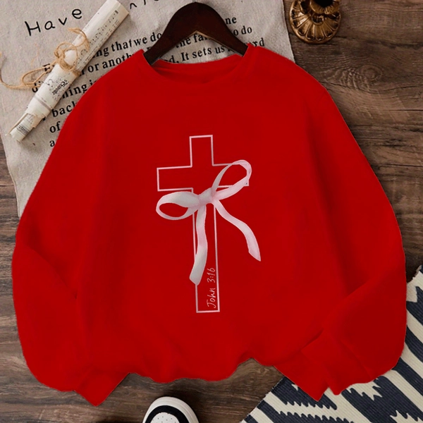 Girls' Sweatshirt, Pink Cross & Kanji Print, Winter Warm Round Neck Long Sleeve Sweater with Ribbon Bow-like Pink Stripe, Casual Uniform Top for Outfits, Easy-Care Black Sweater