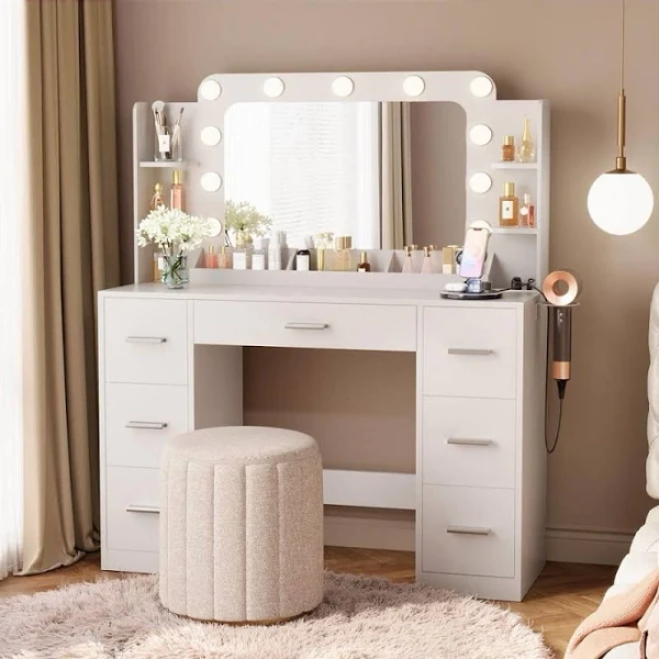 Lacoo Vanity Desk with Large Lighted Mirror, Power Outlet, 11-Lights, Makeup Vanity Table