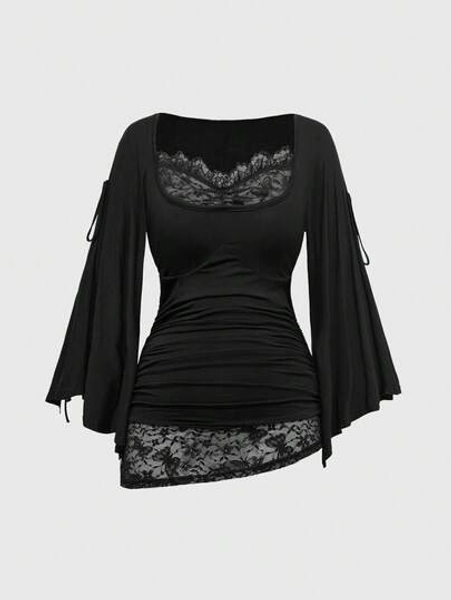 ROMWE Goth Spring/SummerblackLoose Collar Cinched Waist Batwing Sleeve Lace Women T-Shirt - Size S