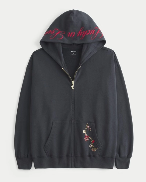 Oversized Zip-Up Lucky in Love Graphic Hoodie