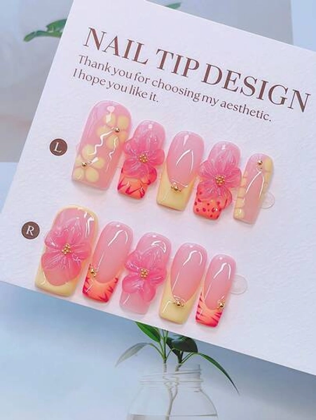 10pcs Y2K Nails Pipe-Shaped Press On Nails Set - Handcrafted, Pink Nails, Yellow French Tips Style, Handmade 3D Flowers With Pink Petal, 3D Pink Flower Nails, Hand Drawn Yellow Flowers & Pink Zebra Stripe And Yellow Snake Pattern Design, Sparkling Gold Little Steel Ball Accents