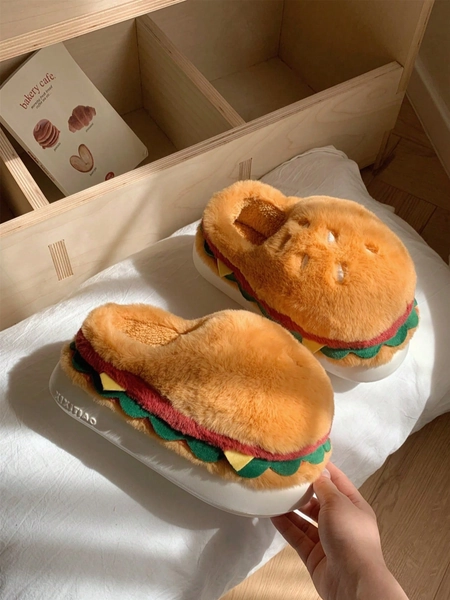 XIXITIAO Cute New Creative Funny Hamburger Design Unisex Warm Comfortable Slippers, Suitable For Couples, Indoor Wear With Non-Slip Soft Sole