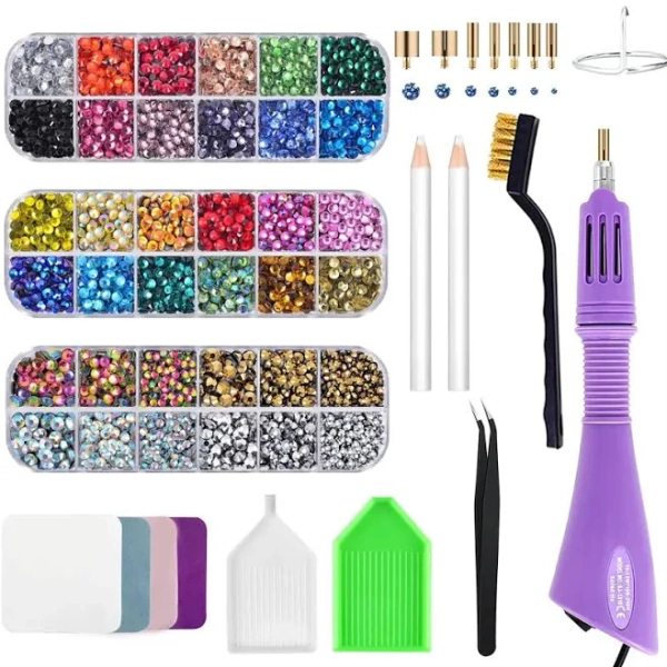 Bedazzler Kit With Rhinestones And Hot Fix Gems Craft Applicator, Diamond Painting Pen, Wax Pencil, Tweezers, Tray, Cleaning Brush, Picker Crystals Fo
