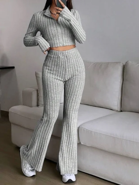 SHEIN Ribbed Knit T-Shirt and Flared Pants Set