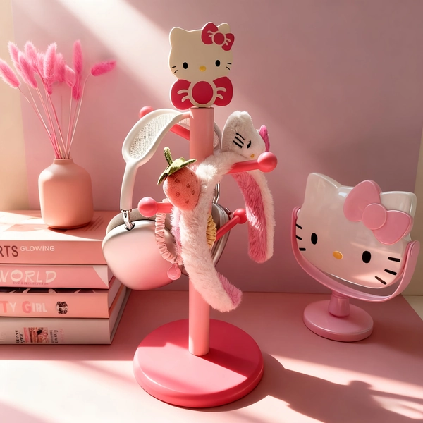 Hello Kitty Pink Desktop Storage Rack, Vertical Desktop Headphone Hanger, Winter Hat Scarf Hanging Rack, Desktop High-Value Decorative Rack, Suitable for Daily Use, Jewelry Towers