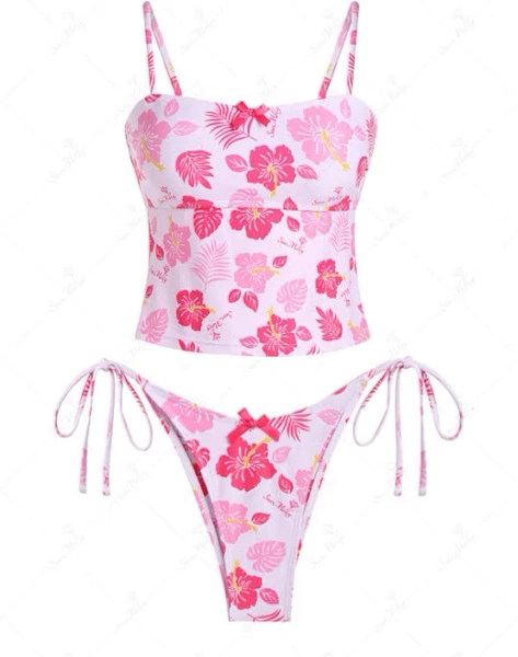 Seamolly Hawaii Style Floral Leaves Bow Tankini Set