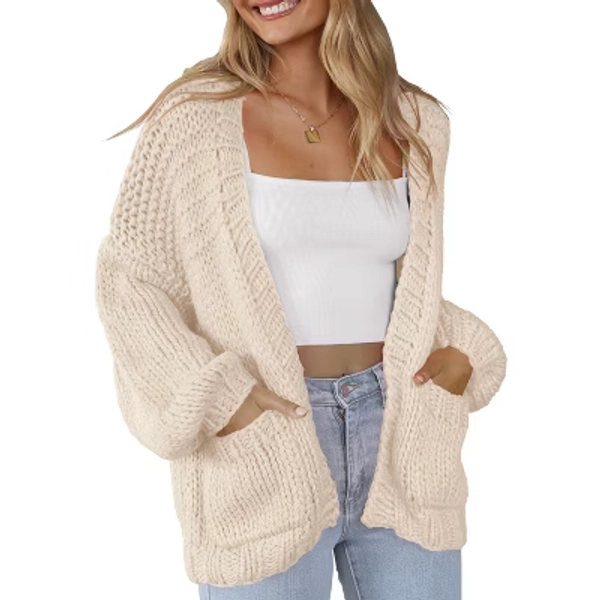 Coolmee Women's Open Front Chunky Knit Cardigan Loose Lantern Long Sleeve Oversized Sweater Coats with Pocket Apricot L