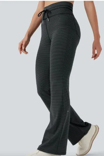 High Waisted Drawstring Stripe Flare Yoga Trousers with Pockets