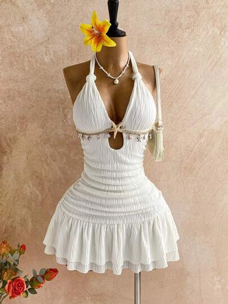 Soleia White Halter Twist Bodycon Mini Dress, Metal Accessories, Shell Decor, Beach Resort Vacation, Summer Outfit,White Dresses For Women