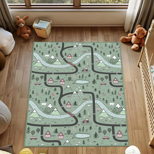 Road Patterned Kids Carpet, City Road Rug, Nursery Rug, Kids Area Rug, Washable Non Slip Kids Rug, Montessori Playroom Mat, Animals Kids Rug
