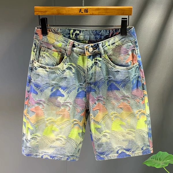 Faionable Embroidered Floral High Street Five-Point Men's Casual Jeans orts Breathable Comfortable Straight Leg Jeans orts - AliExpress 200000343