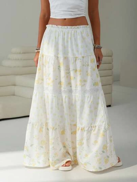 SHEIN EZwear Women's Floral Print Waist Ruffle Hem Casual A-Line Skirt