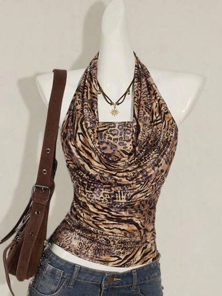 SHEIN ICON 2pcs Women Boho Brown Draped Country Concert Zebra And Leopard Print Bandeau Top And Strapless Camisole Set - Size XXS