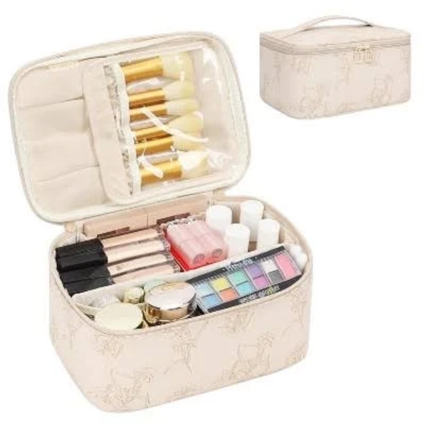 Large Capacity Travel Makeup Case Organizer with Handle and Divider. Portable Cosmetic Toiletry Bag for Women and Girls 0022_Beige Lily