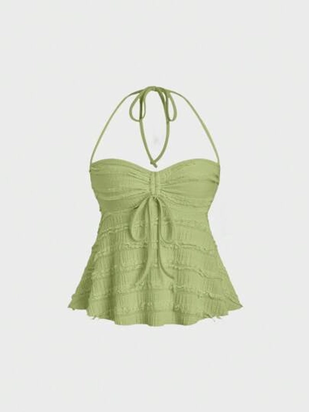 Sweetra Drawstring Front Halter Top For Summer Y2K Outfit 
