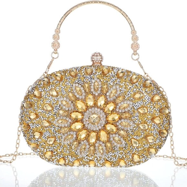 Gold Rhinestone Evening Clutch Bag with Detachable Chain, Shine for Weddings and