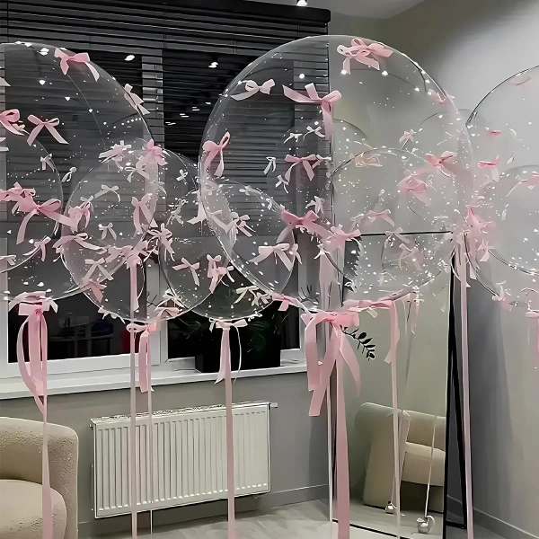 47PCS Pink Balloon Set – Transparent Bobo Balloons with Bows & Ribbons for Bridal, Baby Shower, Birthday Party Decor, Party Supplies Ballon