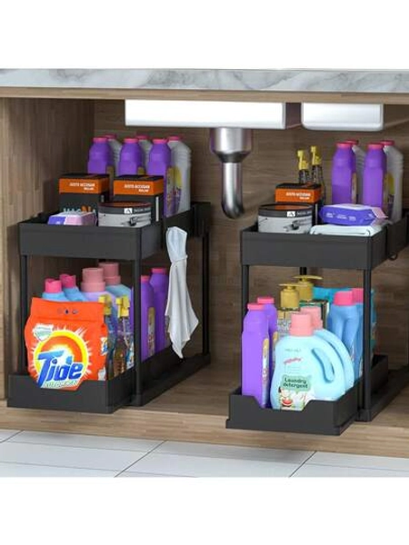 2 Tier Under Sink Storage Rack , Kitchen Cabinet Storage Rack, Double Sliding Cabinet Basket Storage Drawer, Multi-Functional Bathroom Collection Basket, Organizer, Shelf For Under Counter Kitchen Storage With 5 Hooks 2 Hanging Baskets Kitchen Decor Holiday Gift