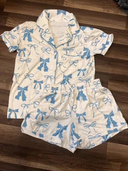 Kids Girls Bow Short Sleeve Button Down Pajamas