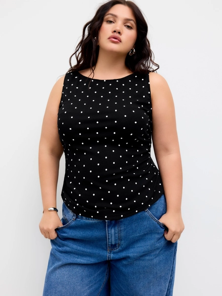 Cotton-blend Boat Neck Knotted Polka Dot Ruched Tank Top Curve & Plus
