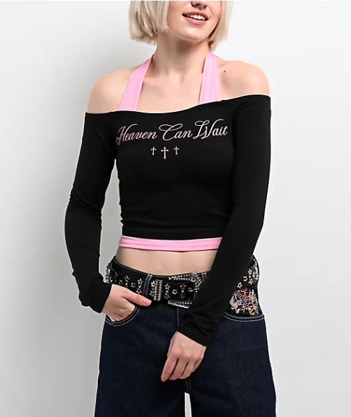Ninth Hall Destiny Black & Pink Long Sleeve Faux Halter Top