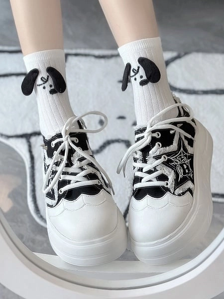 [$53.00]Black Y2K Star Applique Platform Sneakers