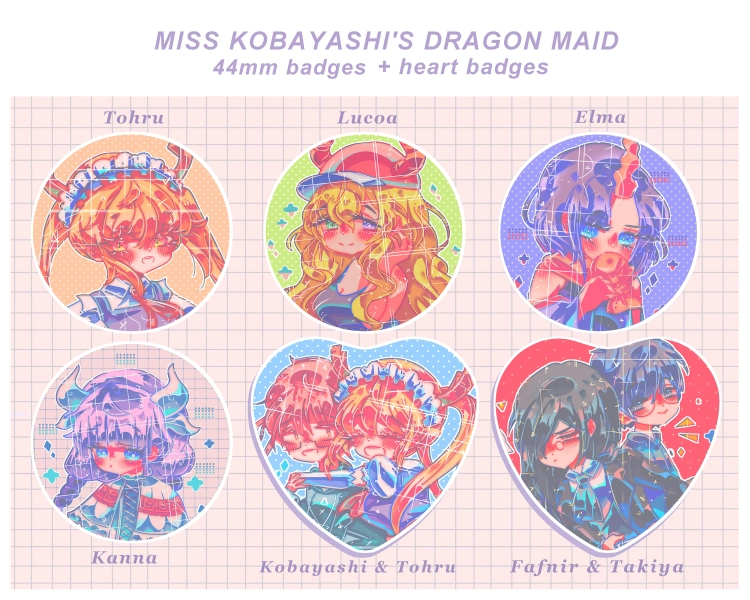 CLEARANCE Dragon Maid badges - 44mm & heart button pins! - Miss Kobayashi's Dragon Maid