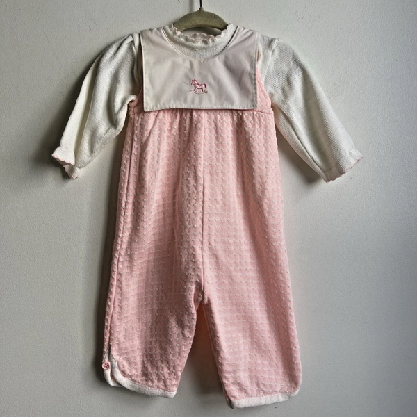 Vintage Infant Girls Knit Romper + Shirt Set Rockinghorse Pink White 3 - 6 Month