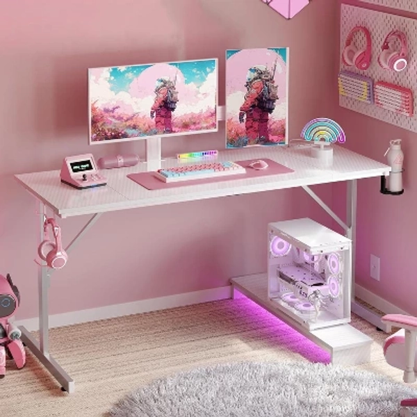 Bestier Gaming Desk 42" Small Computer Desk for Home Office with LED Lights & Monitor Stand, Carbon Fiber White