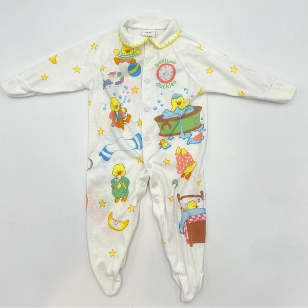 Vintage 80s Baby One Piece Footie Pajamas Ducks Cartoon Boy Girl Unisex Medium