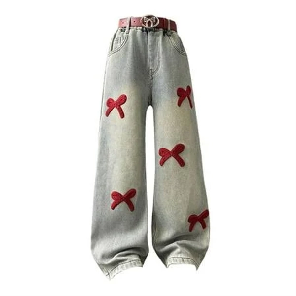 Jahh Girls Wide Leg Baggy High-Waisted Bow Jeans