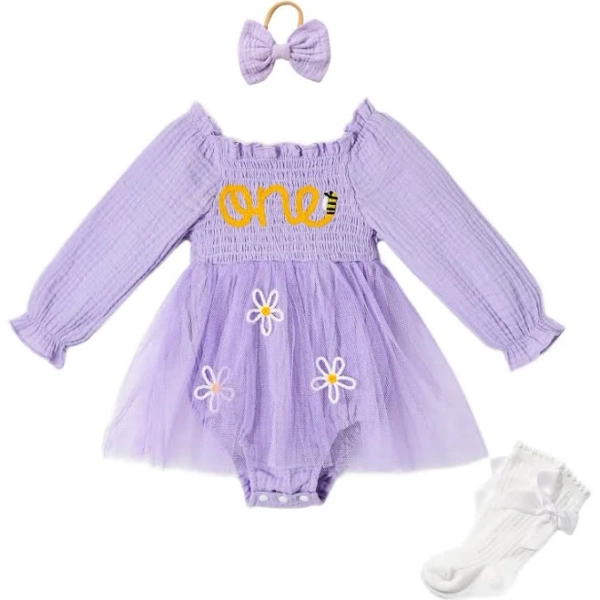 Miipat Baby Girl 1st Birthday Outfit Long Sleeve Tulle Romper Dress