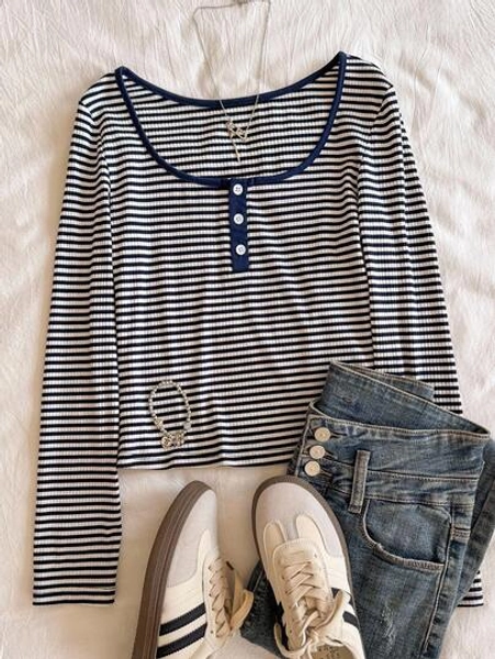 Teen Girl Casual Versatile Striped Crew Neck Cardigan Long Sleeve T-Shirt, Autumn/Winter Fall