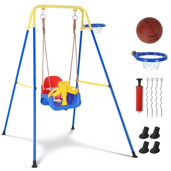 4-in-1 Grow-with-Me Toddler Swing & Basketball Set, Indoor & Outdoor Playset for Babies and Kids