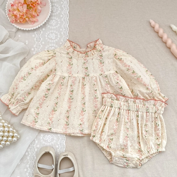 B188 Nuevo Conjunto Casual Diario para Bebé Niña Dulce de Primavera y Otoño Coreano con Estilo Floral Pequeño de Manga Larga + Pantalones Cortos, para Exteriores