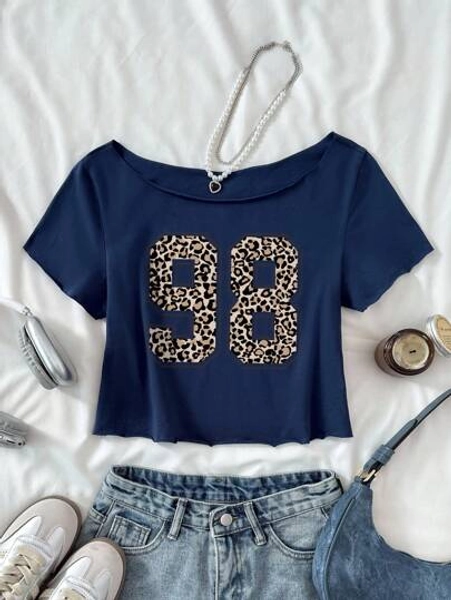 SHEIN Streetwear Casual Sports Leopard 98 Letter, Tween Girl Casual Streetwear Fashion Retro College Asymmetric Neck Loose Personalized Raglan Short Knit Comfortable Pure Cotton Solid Color T-Shirt