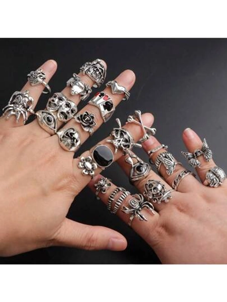 23/24pcs Punk Gothic Style Ring Set, Skull, Spider, Playing Card, Clown, Heart Shaped Rings, Unisex Fashion Hip Hop Jewelry Gift
