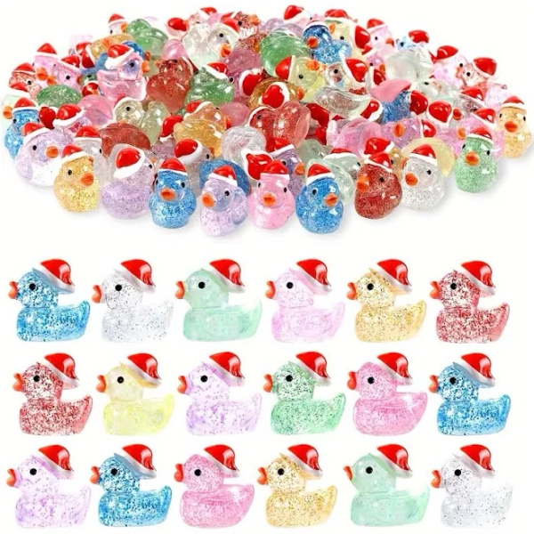 Santa ducks, Mini christmas ducks, 30pcs Glitter Christmas Ducks - Colorful Resin Mini Ducks with Santa Hats, Resin ducks, Festive Holiday
