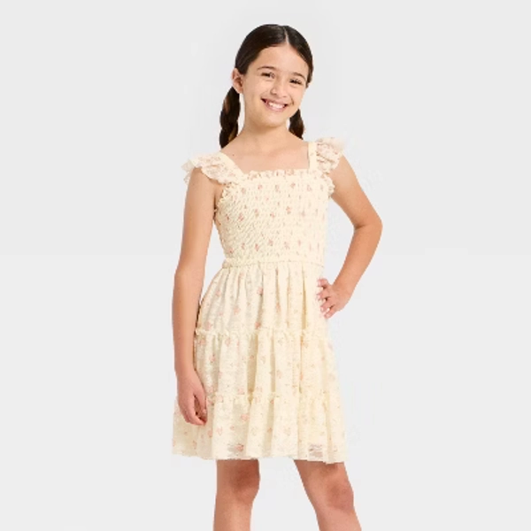 Girls' Flutter Sleeve Floral Tiered A-Line Dress- Cat & Jack™ Yellow L Plus