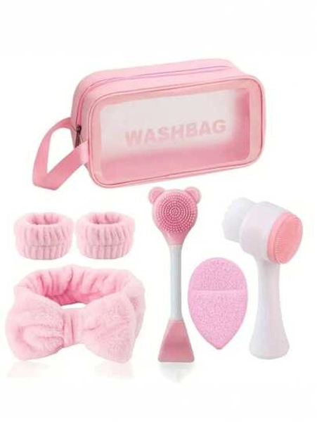 7-Piece Facial Cleansing Set, Deep Cleansing Beauty Spa Mask Brush Set, Soft Velvet Headband, Hair Tie Set, Gentle Scrub Brush, Silicone Detailing Facial Brush, Portable Skin Care Tool With Wash Bag For Women,No Power/Battery Required,Skincare Headband,Beauty,Skin Care Products,Spa,Self Care,Skin Care Tools,Face Care,Esthetician Supplies,Skin,Face Wash,Facial
