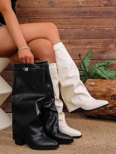Fall/Winter Vegan Leather Slip-On Knee-High Boots With Chunky Heels, Minimalist And Versatile,Women Boots