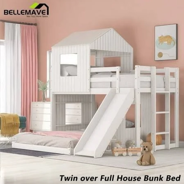 Wooden Twin Over Full Bunk Bed with Playhouse, Farmhouse, Ladder, Slide, and Guardrails